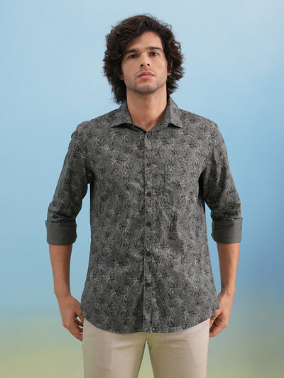 Grey Floral Print 100% Cotton Shirt