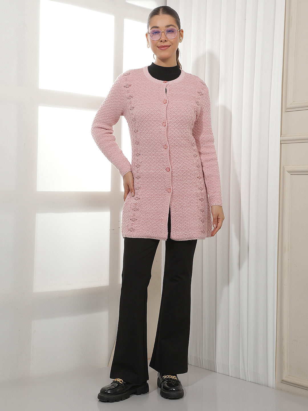 Pink Embellished Mid-Thigh Length Cardigan