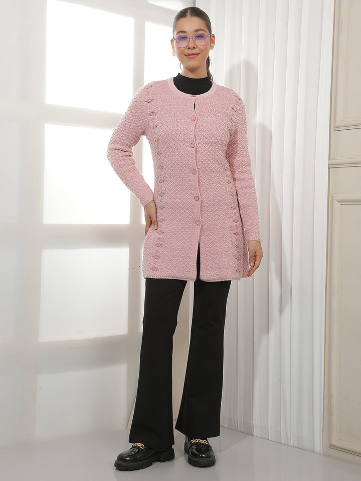 Pink Embellished Mid-Thigh Length Cardigan