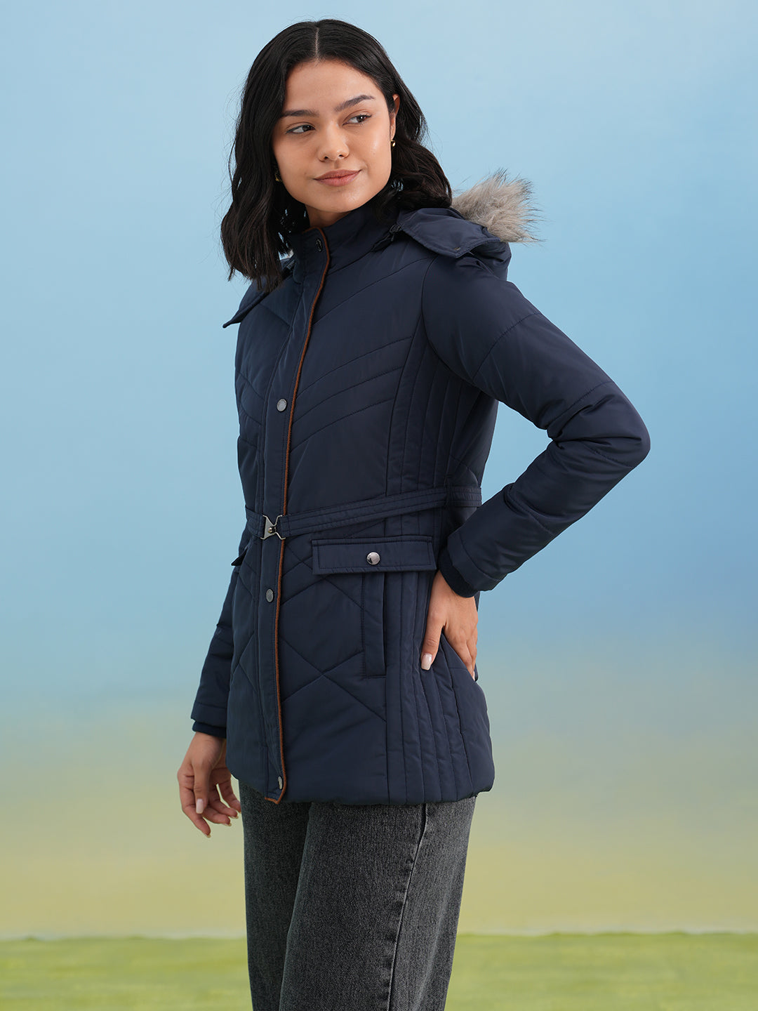 Navy Blue Hooded Neck Quilted Belted Jacket
