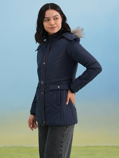 Navy Blue Hooded Neck Quilted Belted Jacket