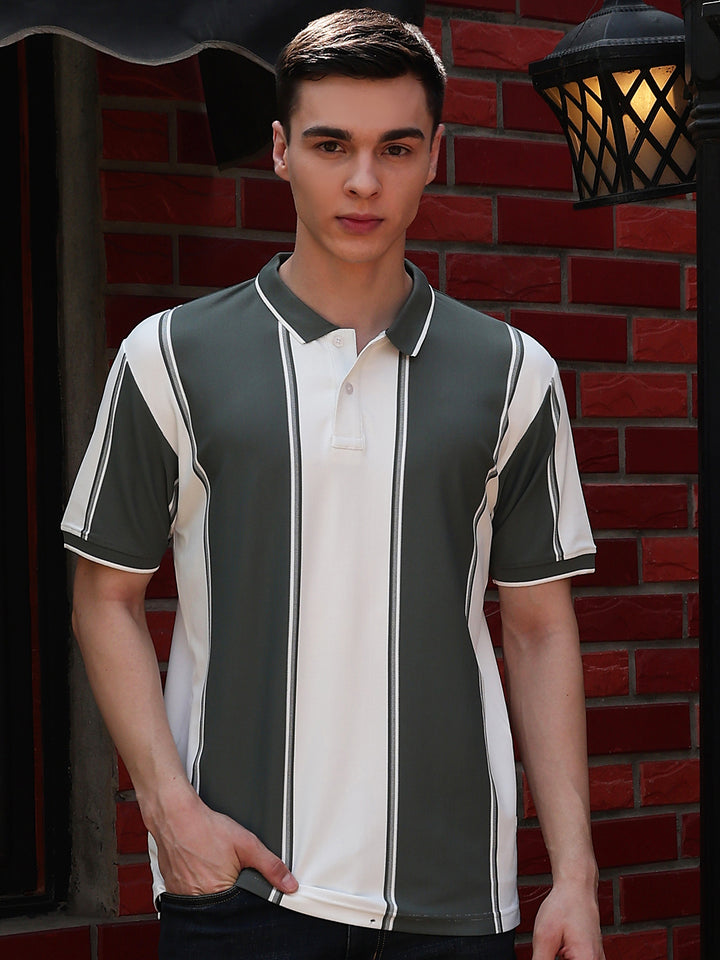 Green Vertical Striped Polo Neck T-Shirt
