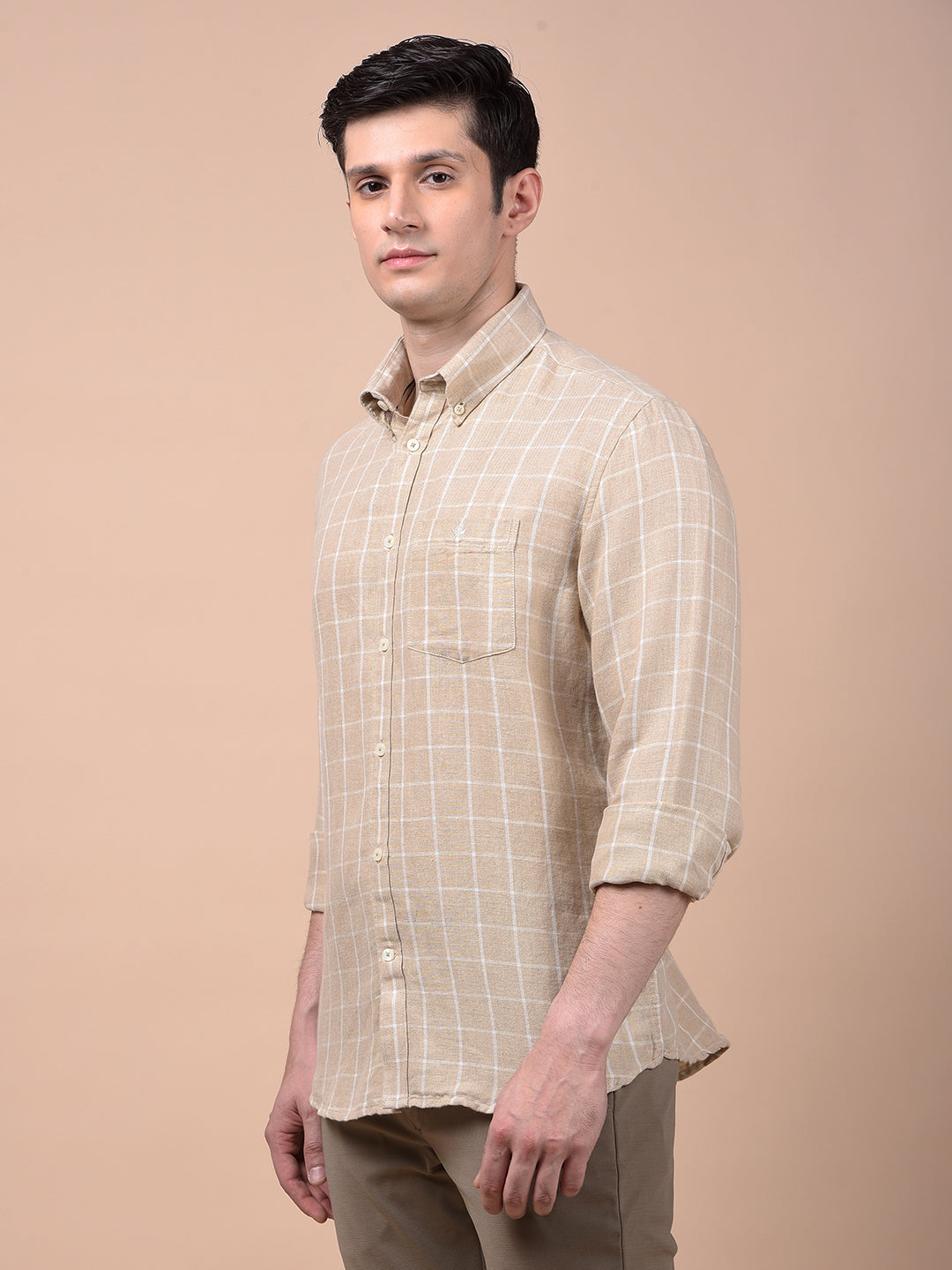 Beige Checked 100% Cotton Shirt