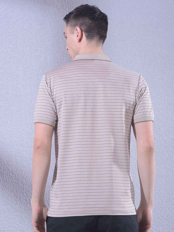 Beige Horizontal Stripes Polo Neck T-Shirt