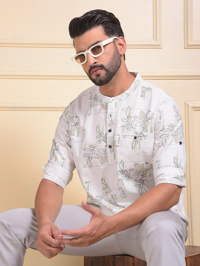 Off White Floral Print Kurta