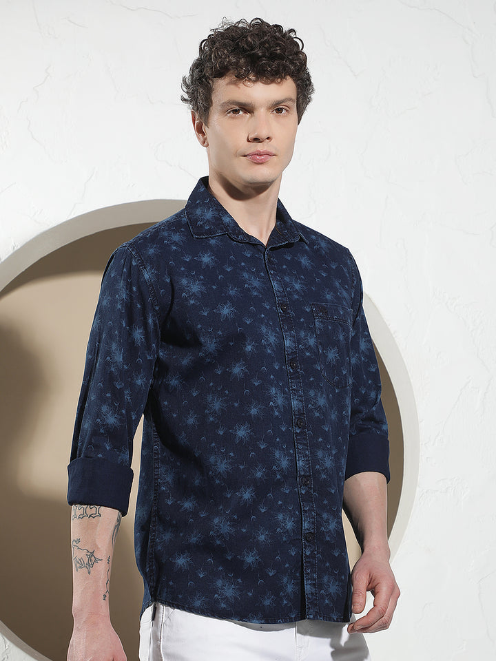 Navy Blue Floral Print 100% Cotton Denim Shirt