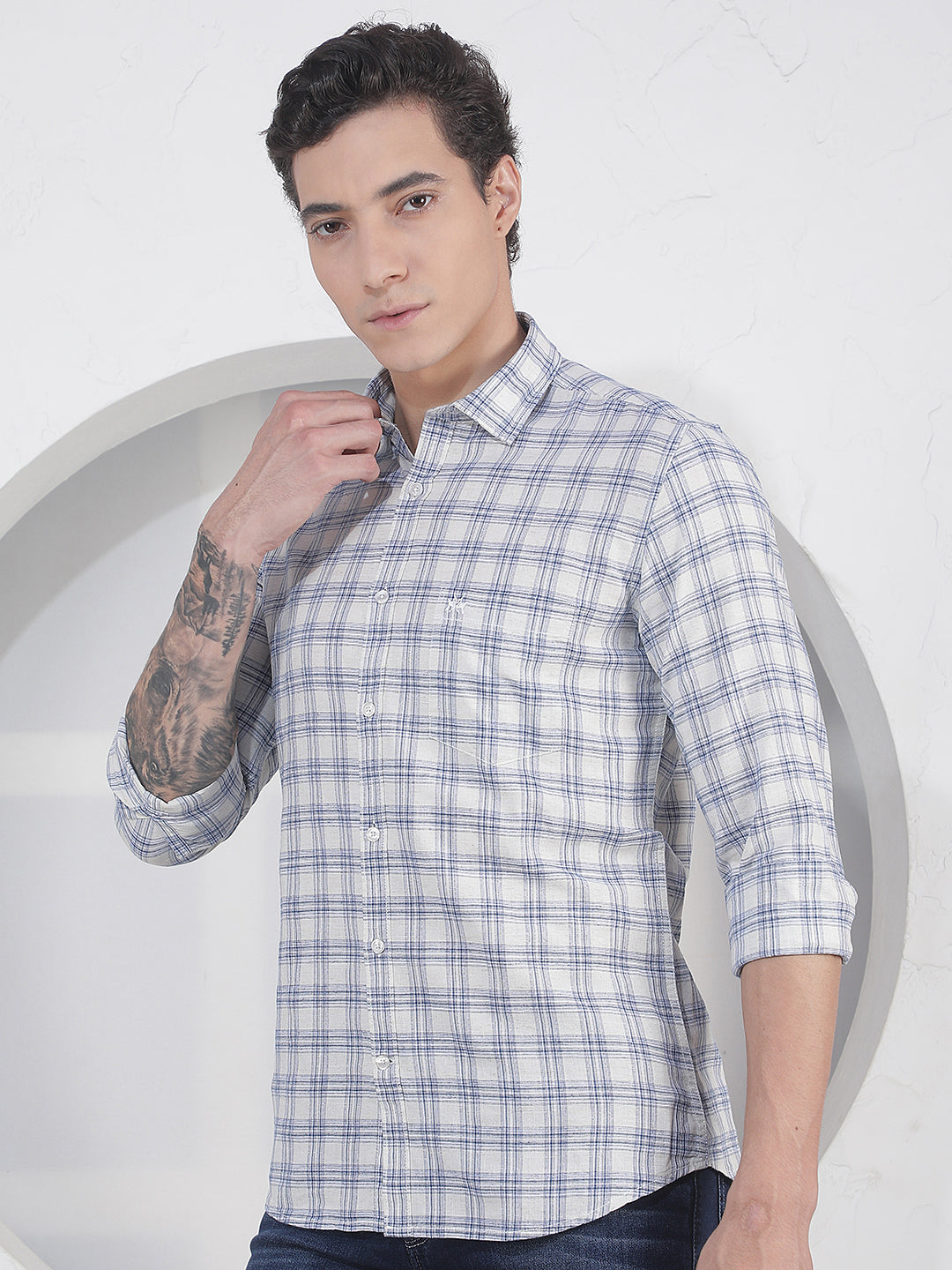 Teal Blue Checked Linen Shirt