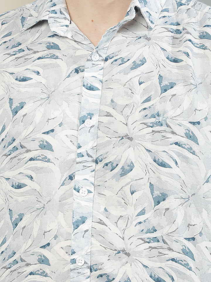 Blue Linen Floral Printed Shirt