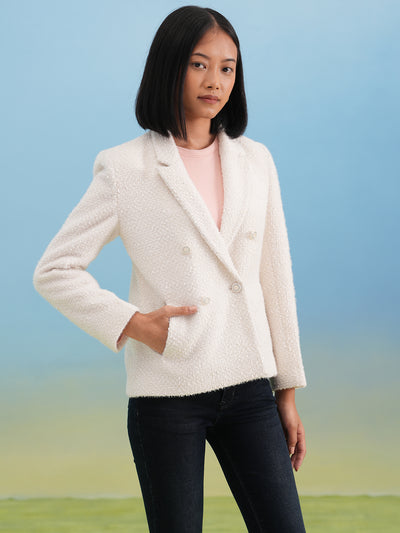 White Jacquard Notched-Lapel Coat