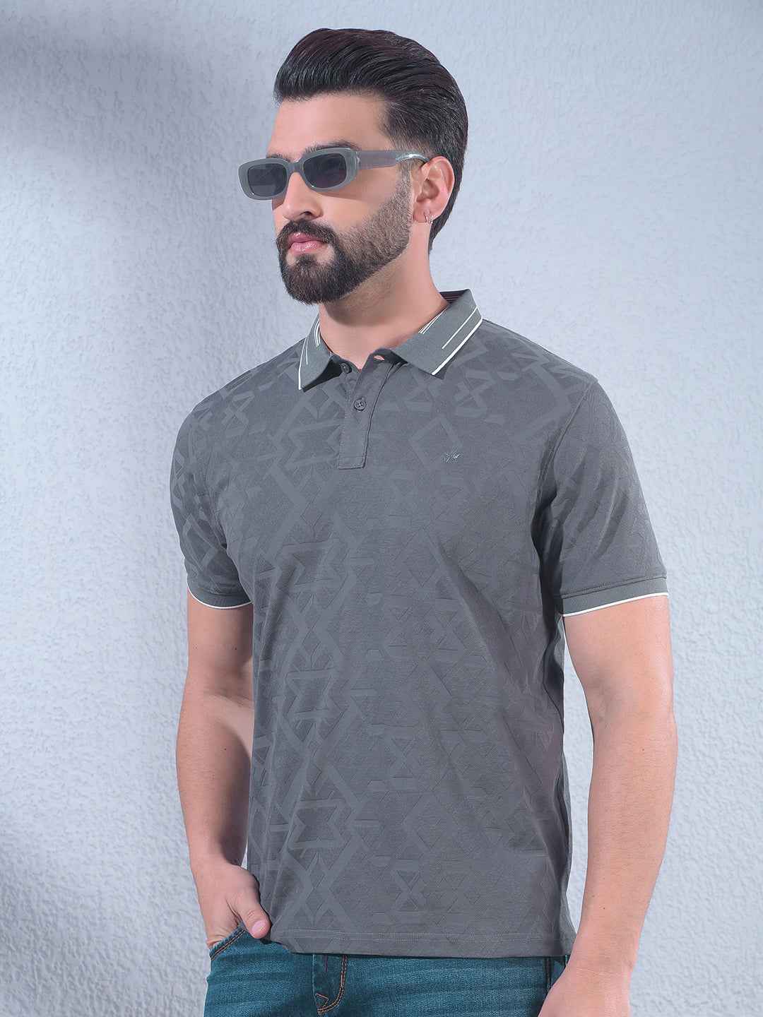 Grey Jacquard Polo Neck T-Shirt
