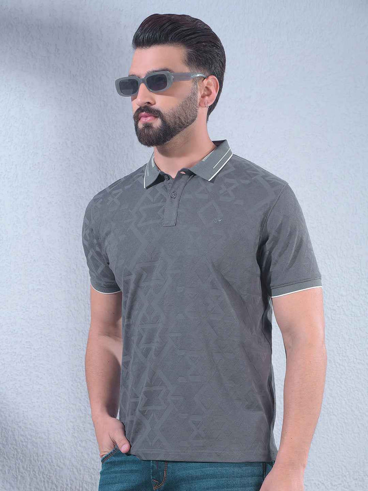 Grey Jacquard Polo Neck T-Shirt