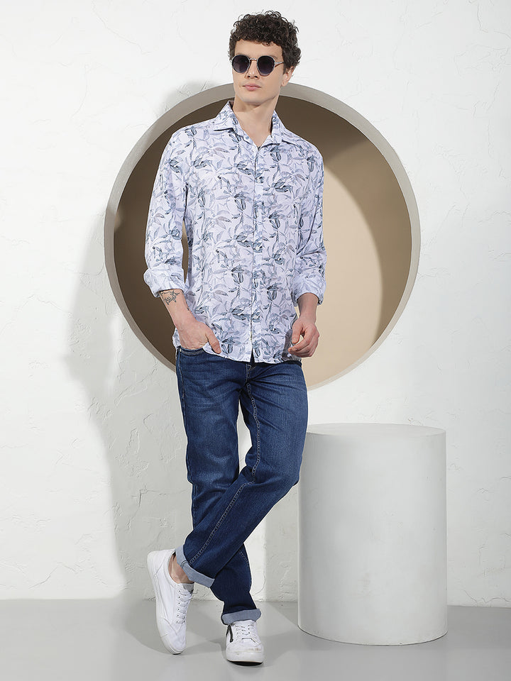 Blue Floral Print Linen Shirt