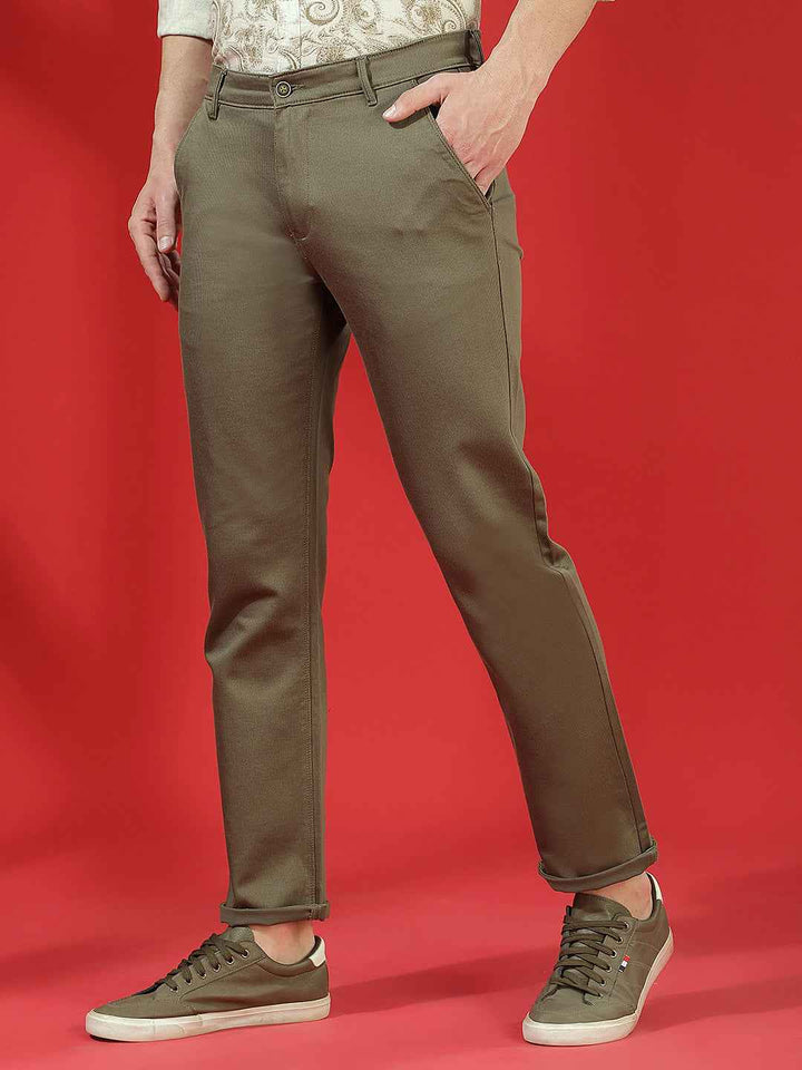 Olive 100% Cotton Geometric Print Straight Trousers