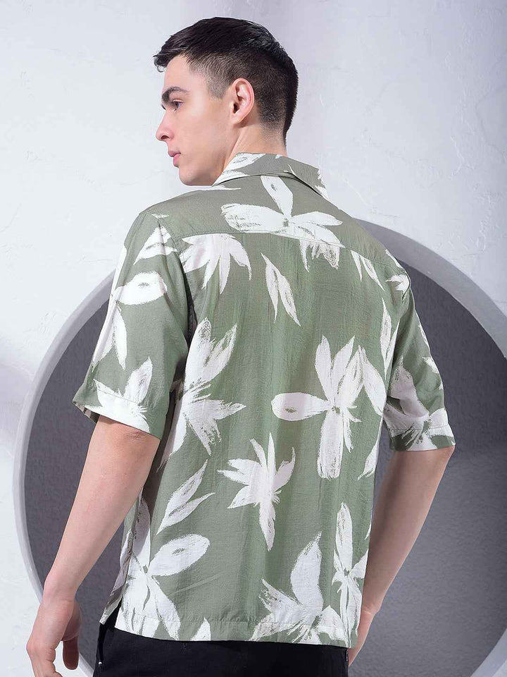 Green Floral Print Resort-Collar Shirt