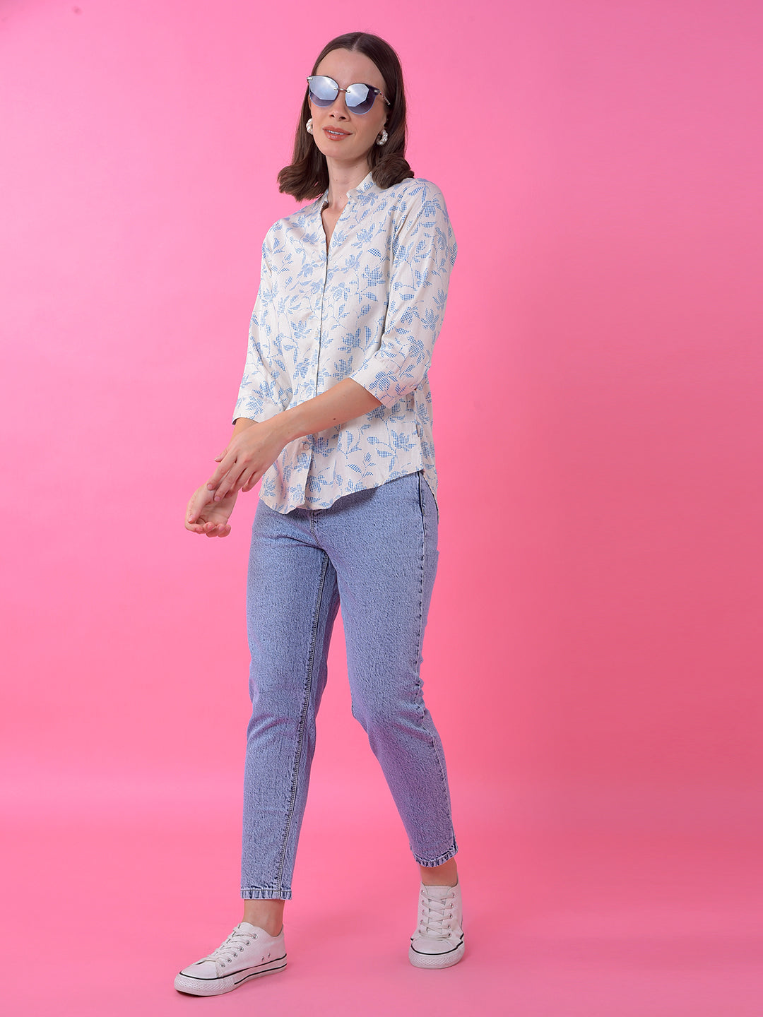 Blue Floral Print V-Neck Shirt