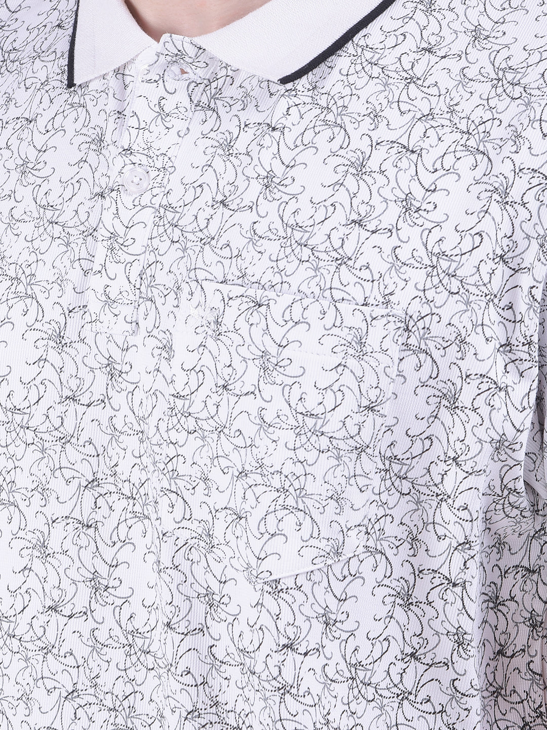 White Printed Polo-Neck T-Shirt