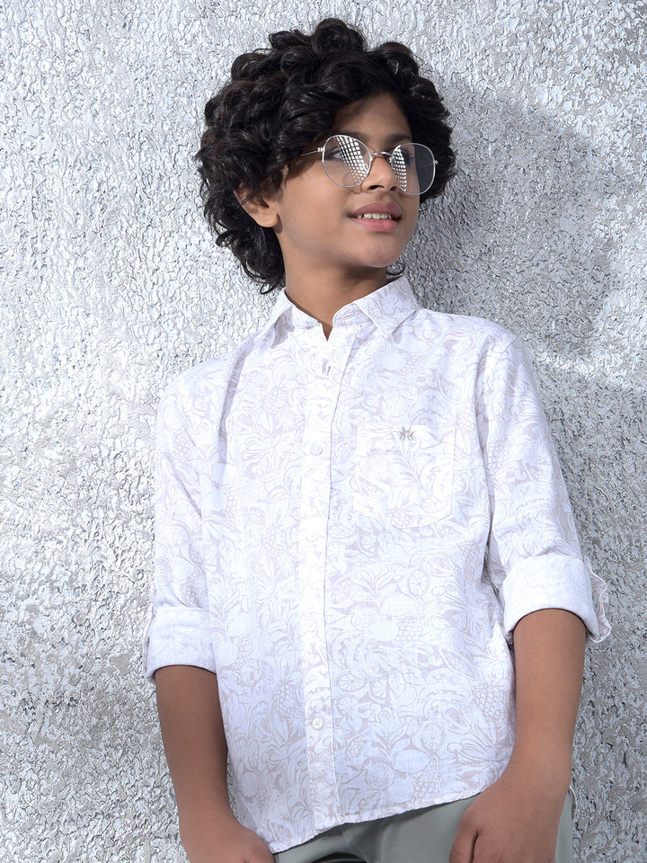 Beige Floral Print Linen Shirt