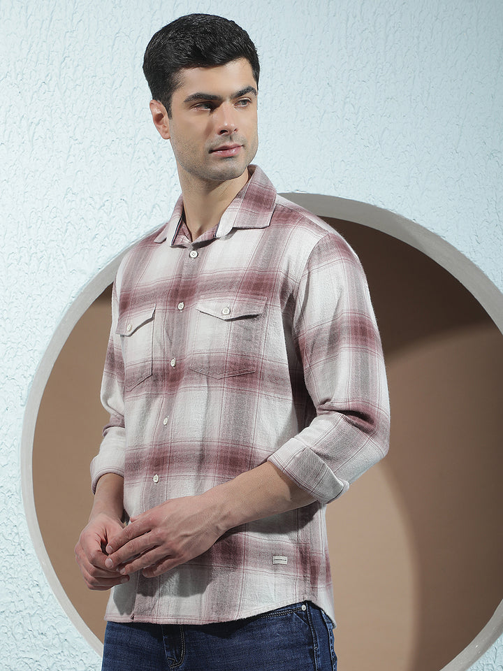 Purple Checked 100% Cotton Double Pocket Shirt