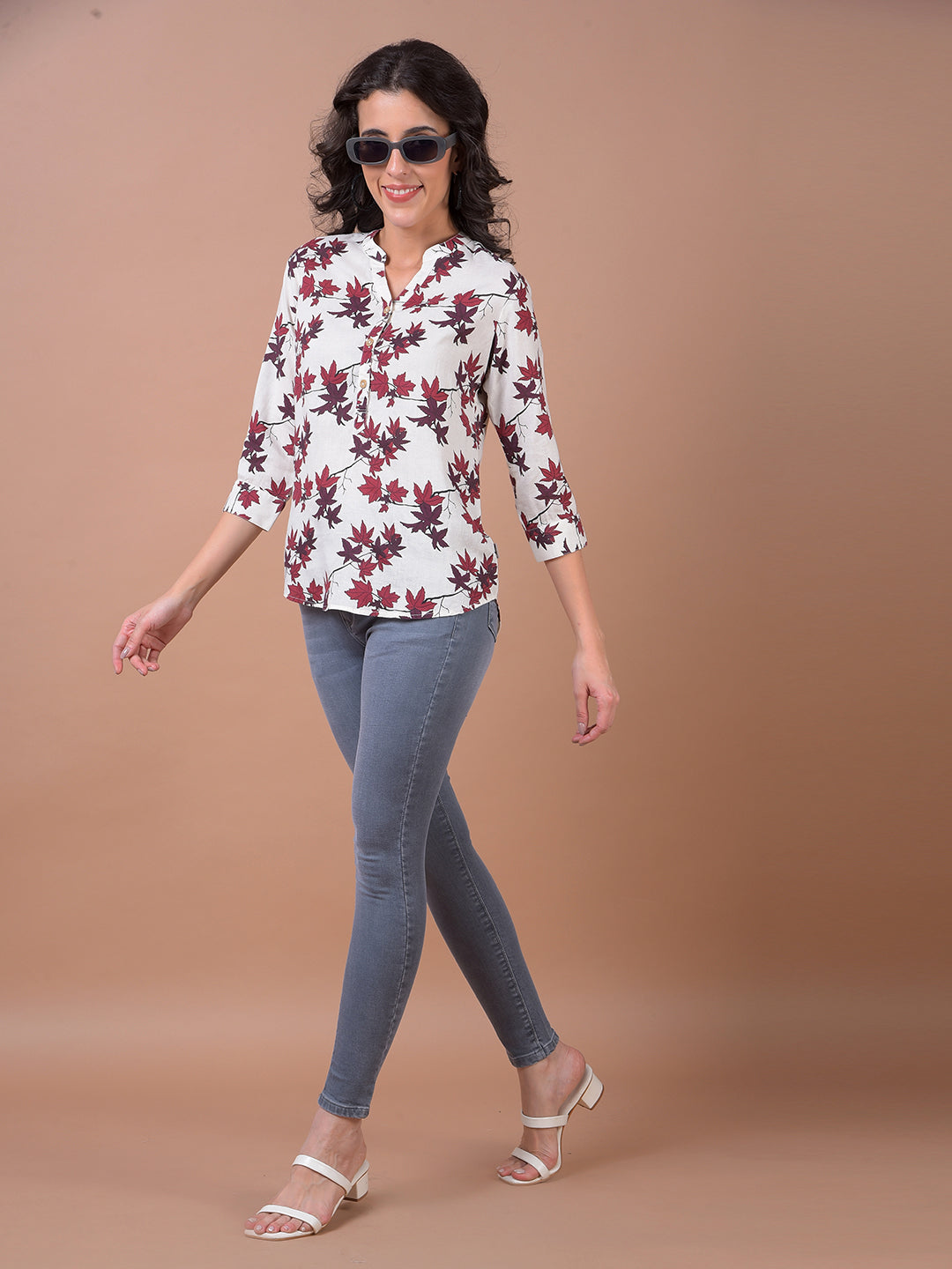 White Floral Print V-Neck Linen Top