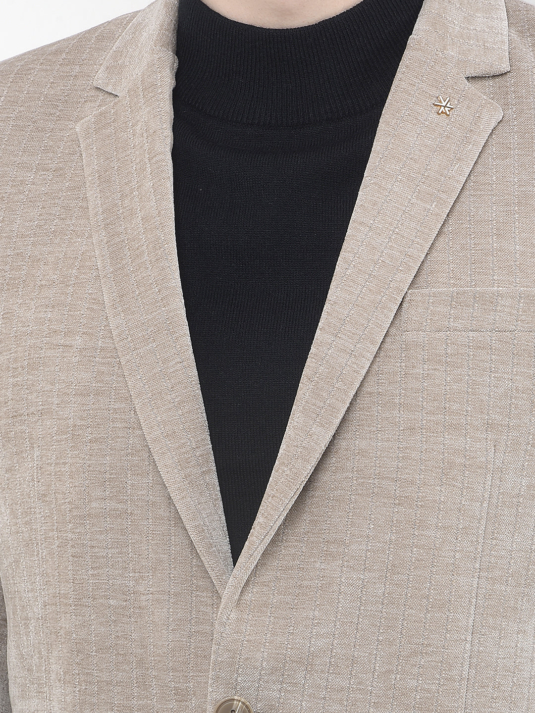 Beige Vertical Striped Notched Lapel Single Breasted Blazer