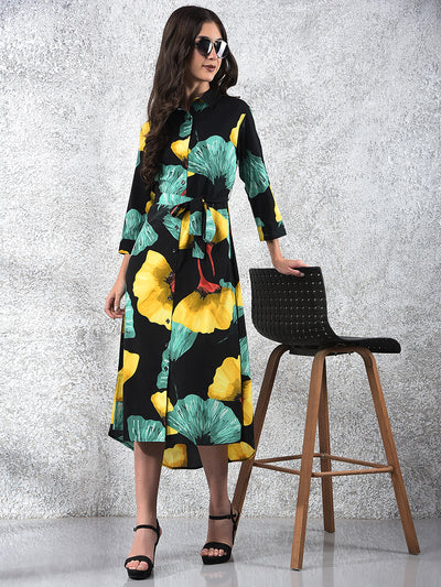 Black Floral Print Midi Shirt-Dress With Belt