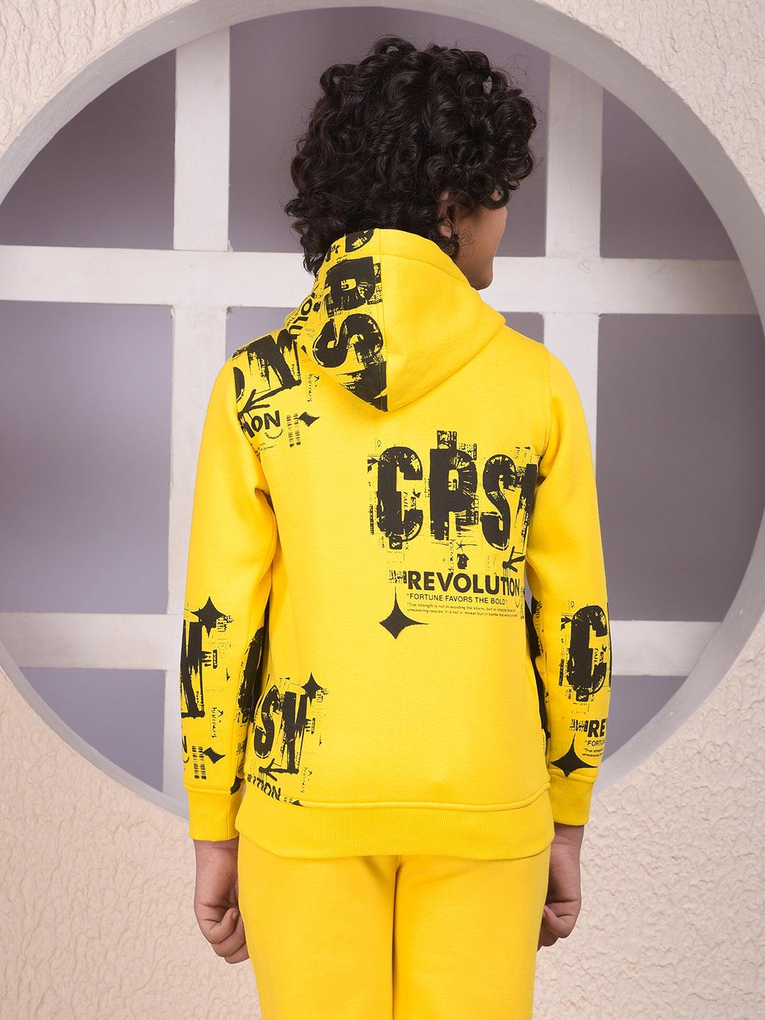 Yellow Typographic Print Hooded Neck Sweatshirt