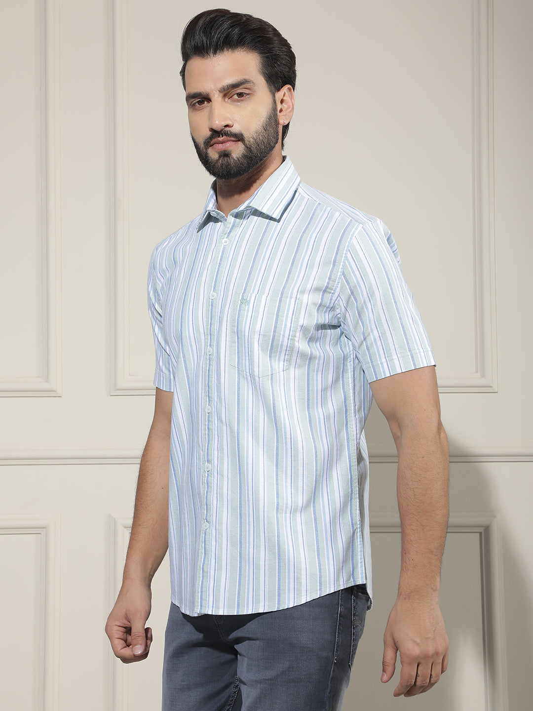 Green Vertical Striped 100% Cotton Shirt