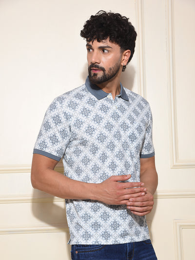 Blue Printed Polo-Neck T-Shirt