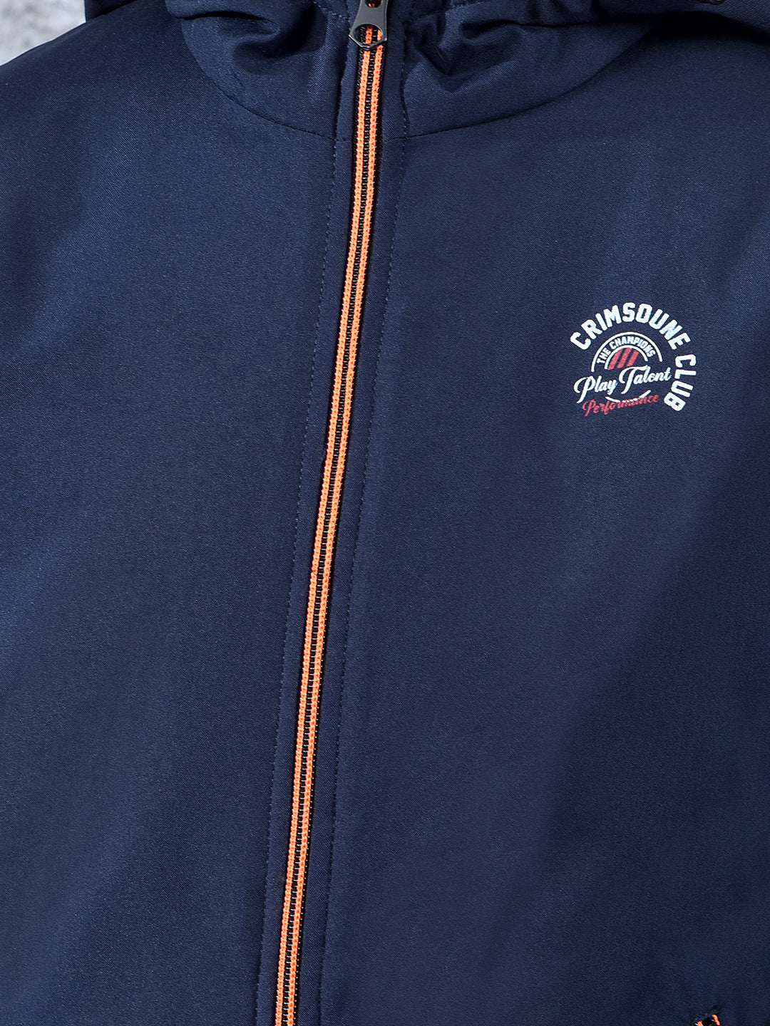 Navy Blue Typographic Print Hooded Neck Bomber Jacket