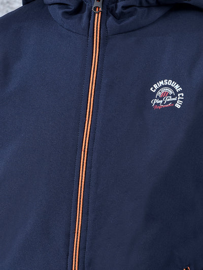 Navy Blue Typographic Print Hooded Neck Bomber Jacket
