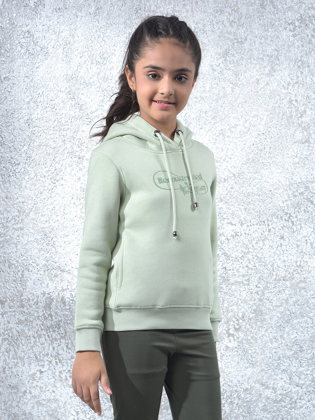 Green Graphic Print Hooded Neck Knitted Sweatshirt