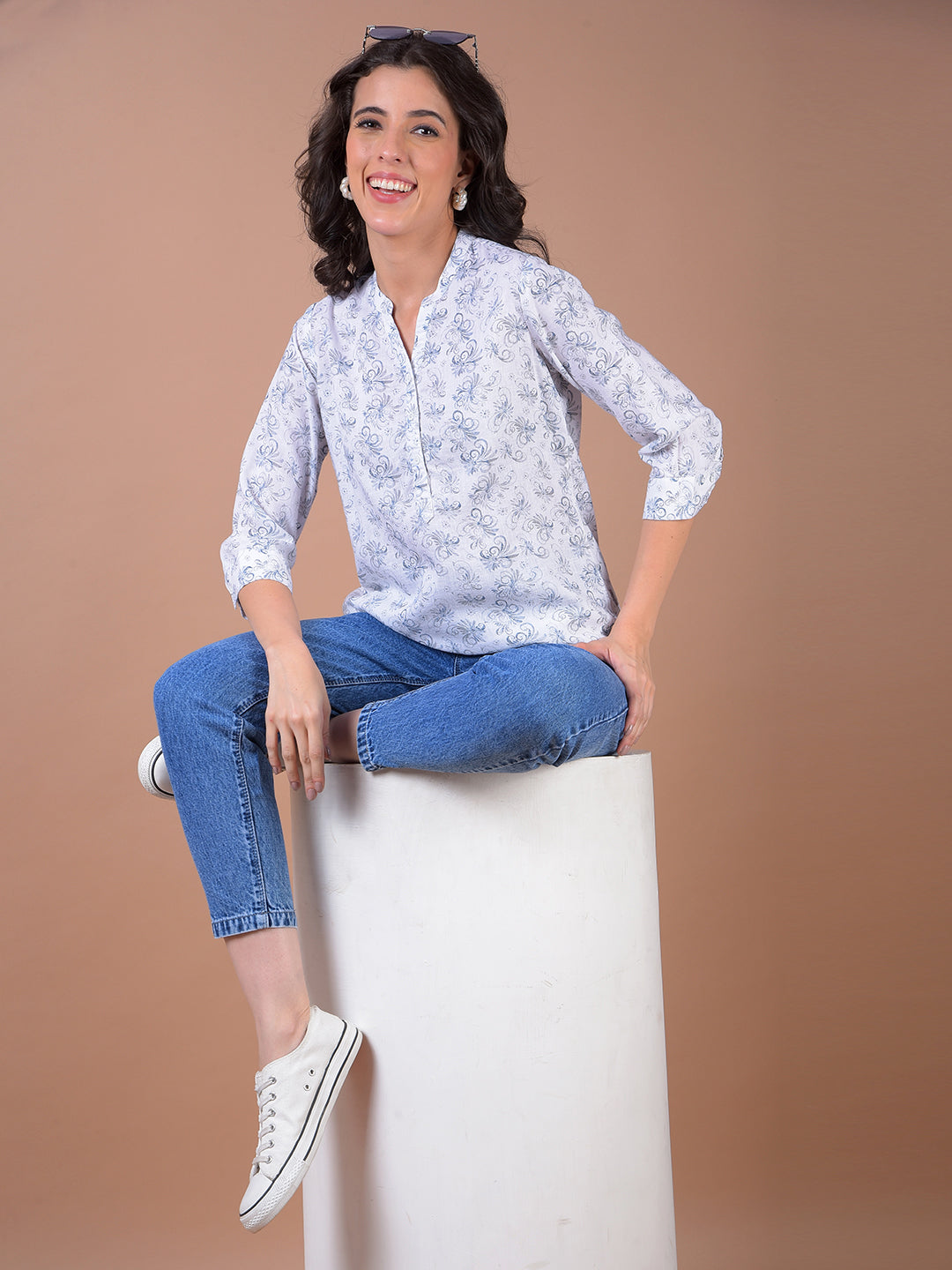 White Floral Print V-Neck Linen Top