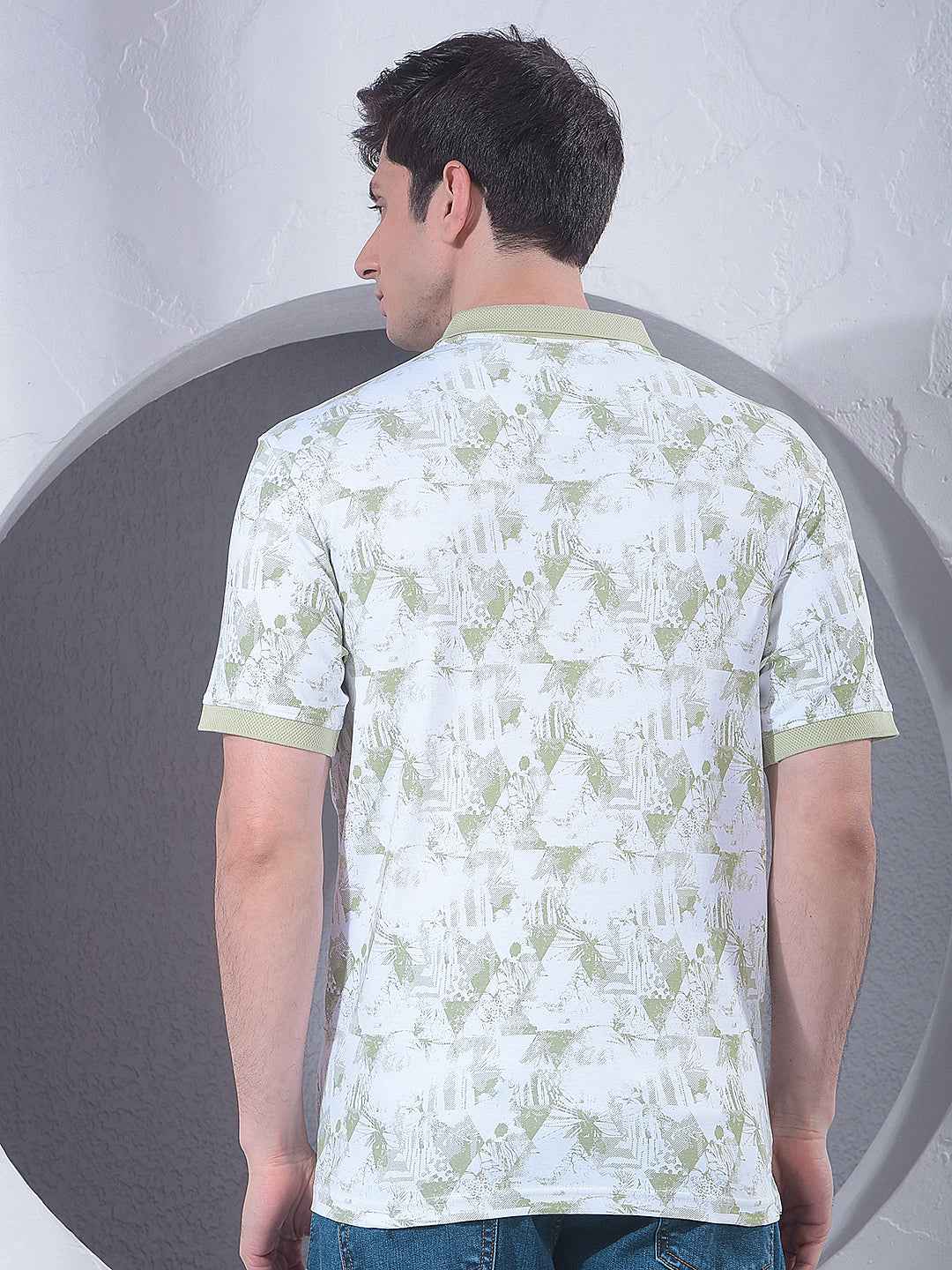 Green Printed Polo Neck 100% Cotton T-Shirt