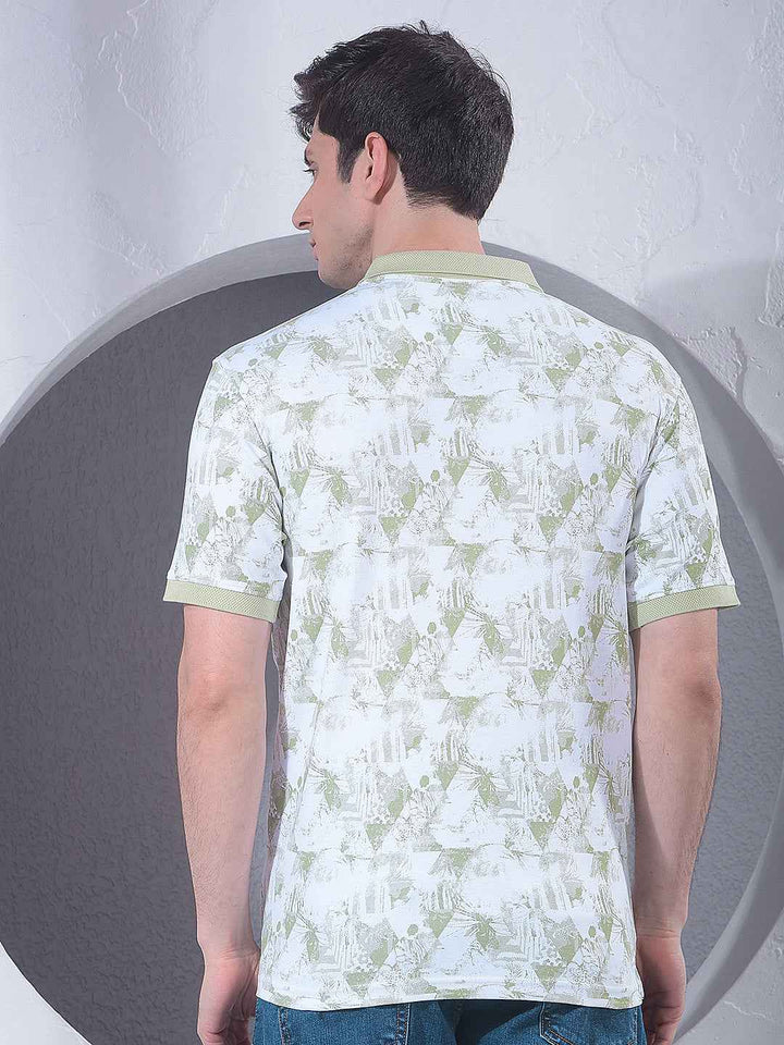 Green Printed Polo Neck 100% Cotton T-Shirt
