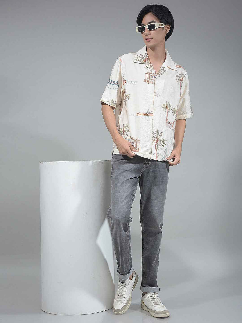 Beige Botanical Print Resort-Collar Shirt
