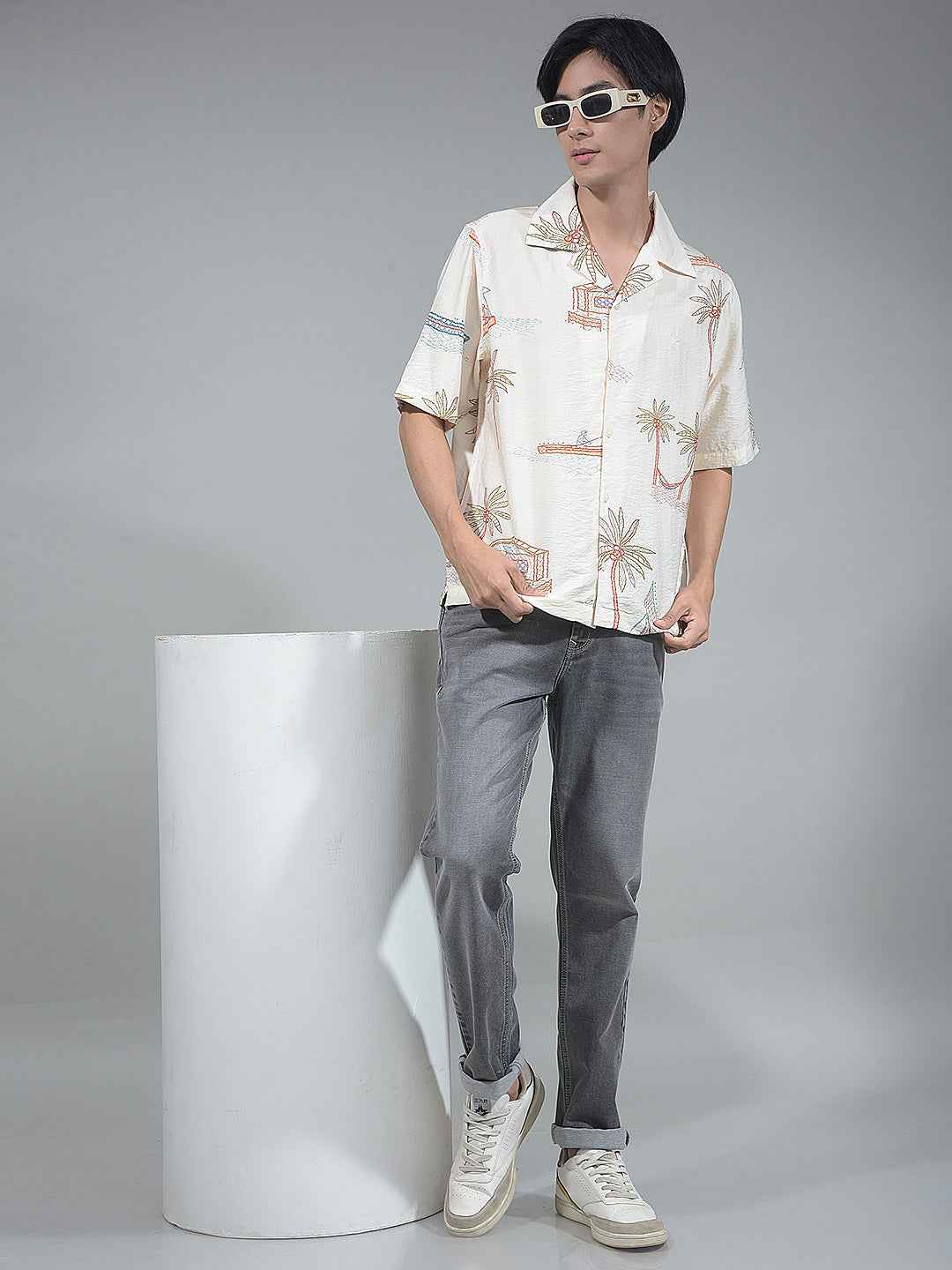 Beige Botanical Print Resort-Collar Shirt