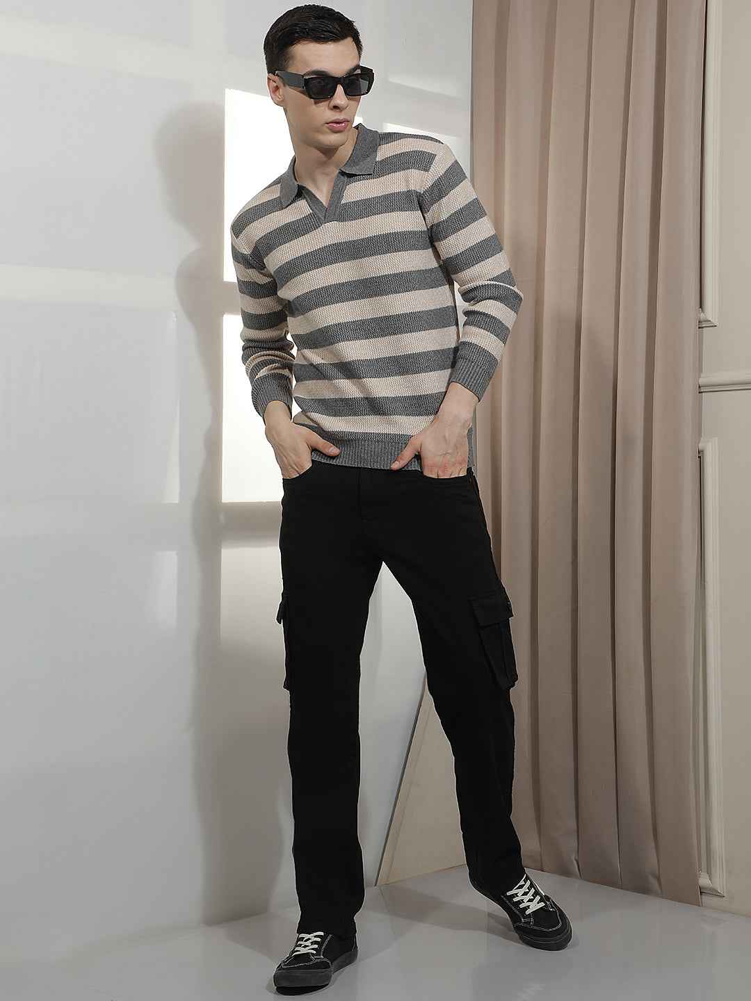 Grey Horizontal Stripes Long Sleeves T-Shirt