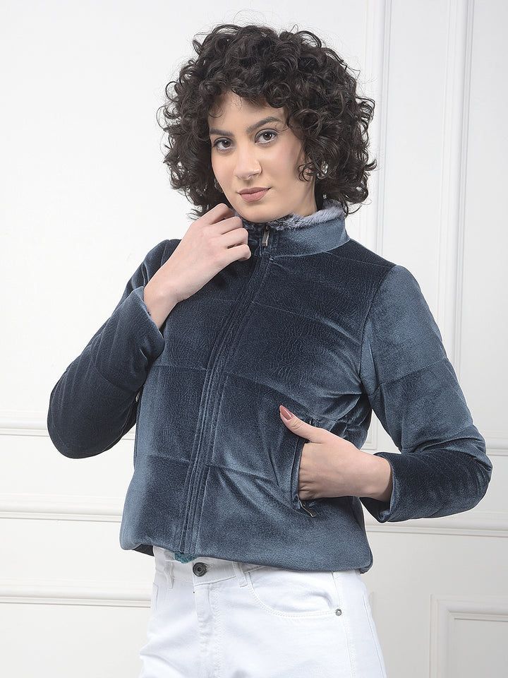 Blue High Neck Cropped Jacket