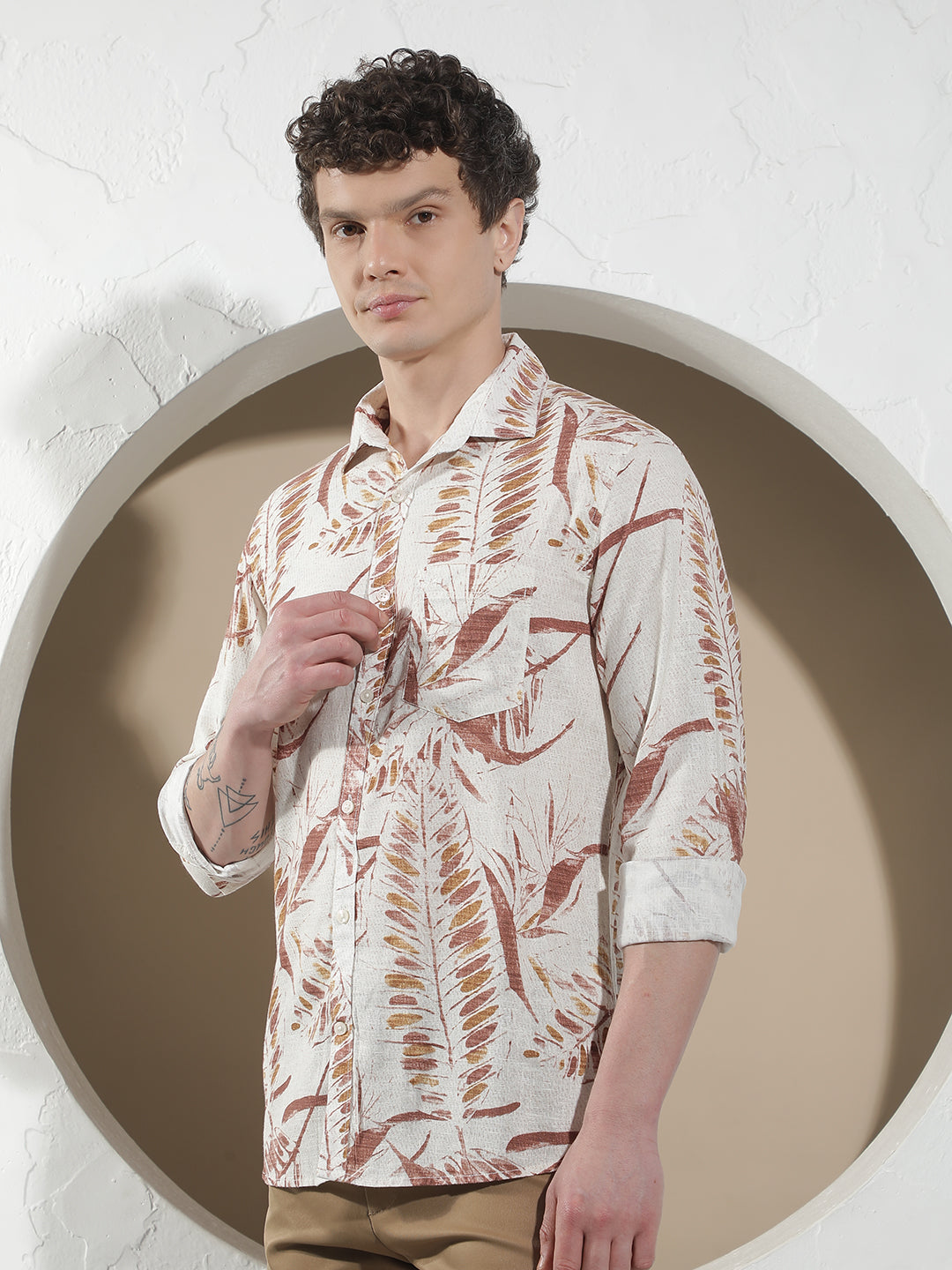 Red Botanical Print Linen Shirt