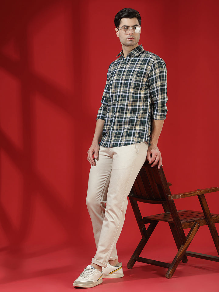 Beige 100% Cotton Geometric Print Straight Trousers