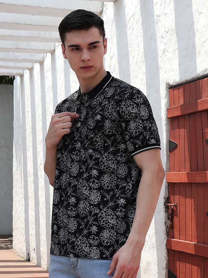 Black Floral Print Polo Neck T-Shirt