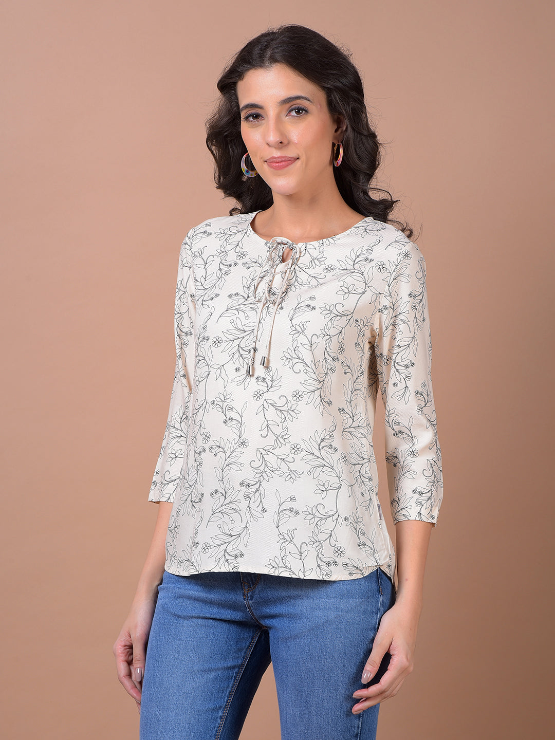 Off White Floral Print Top