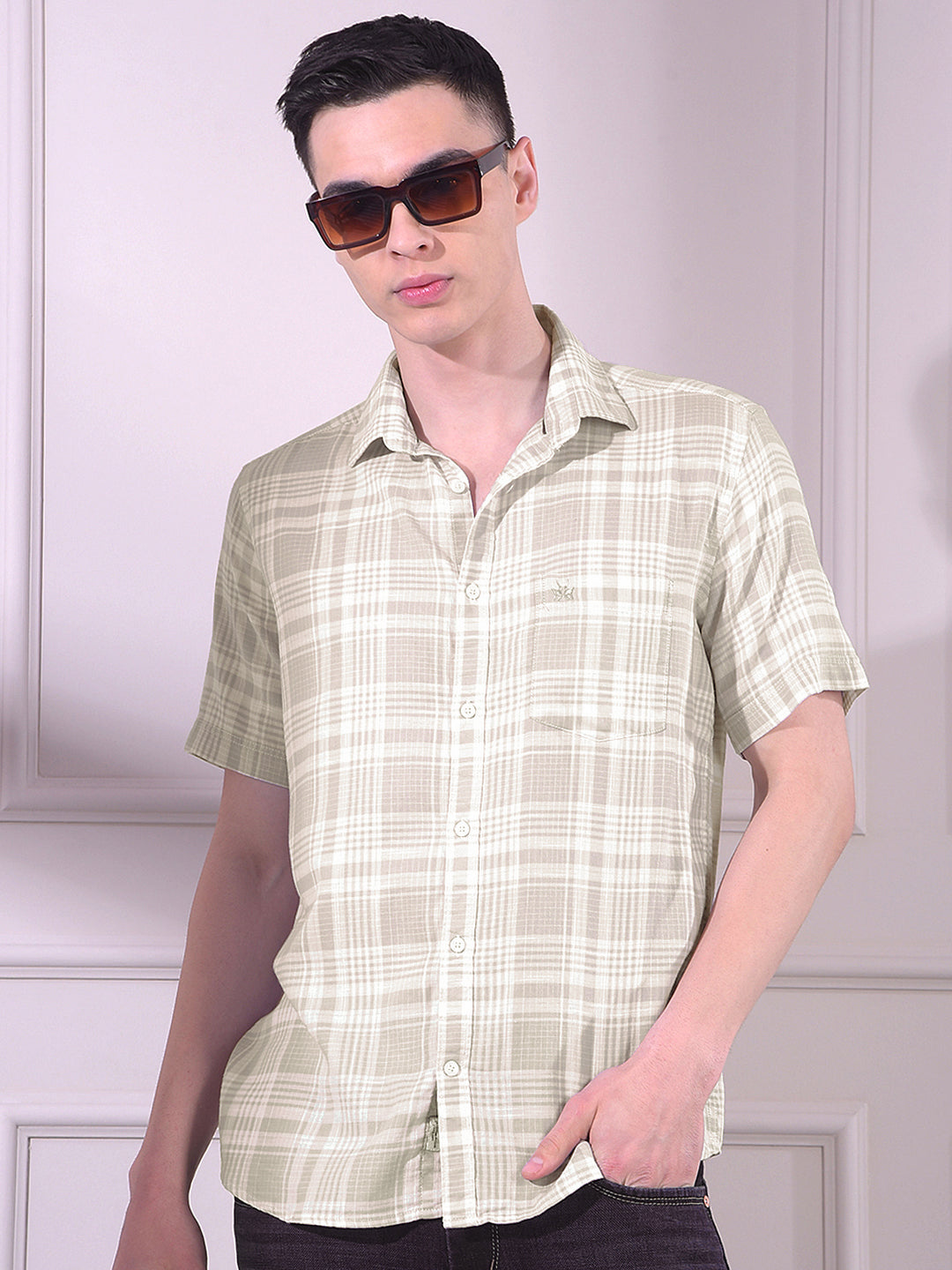 Beige 100% Cotton Checked Shirt