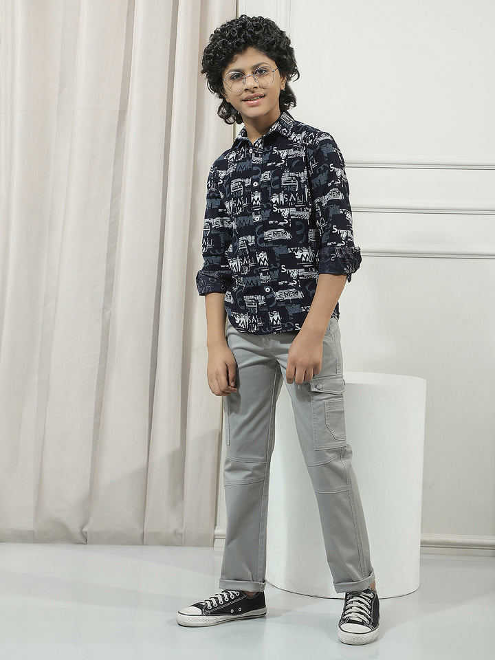 Navy Blue 100% Cotton Graphic Print Corduroy Shirt