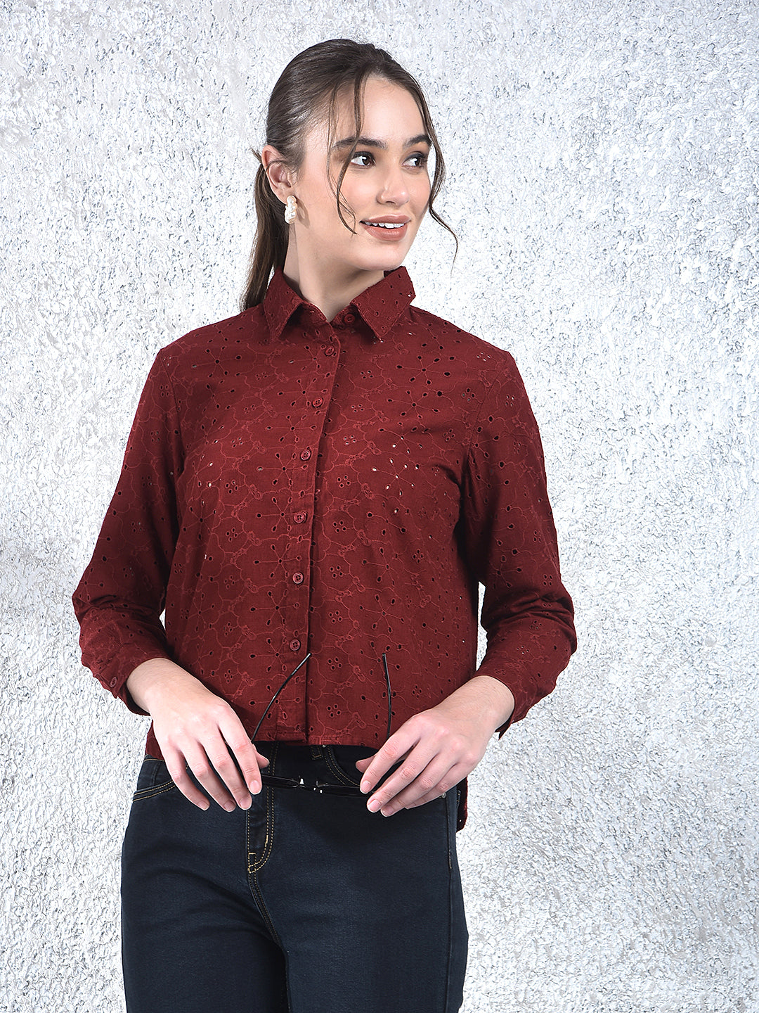 Maroon Embroidered 100% Cotton Shirt