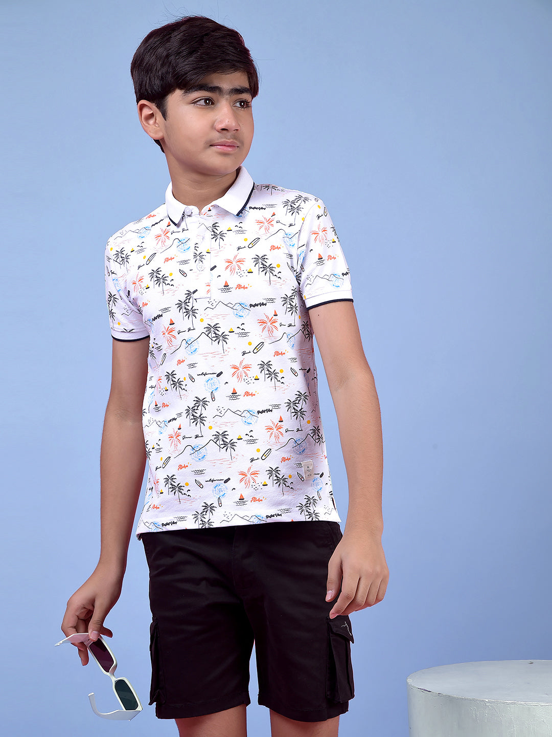 White Floral Print Polo Neck T-Shirt