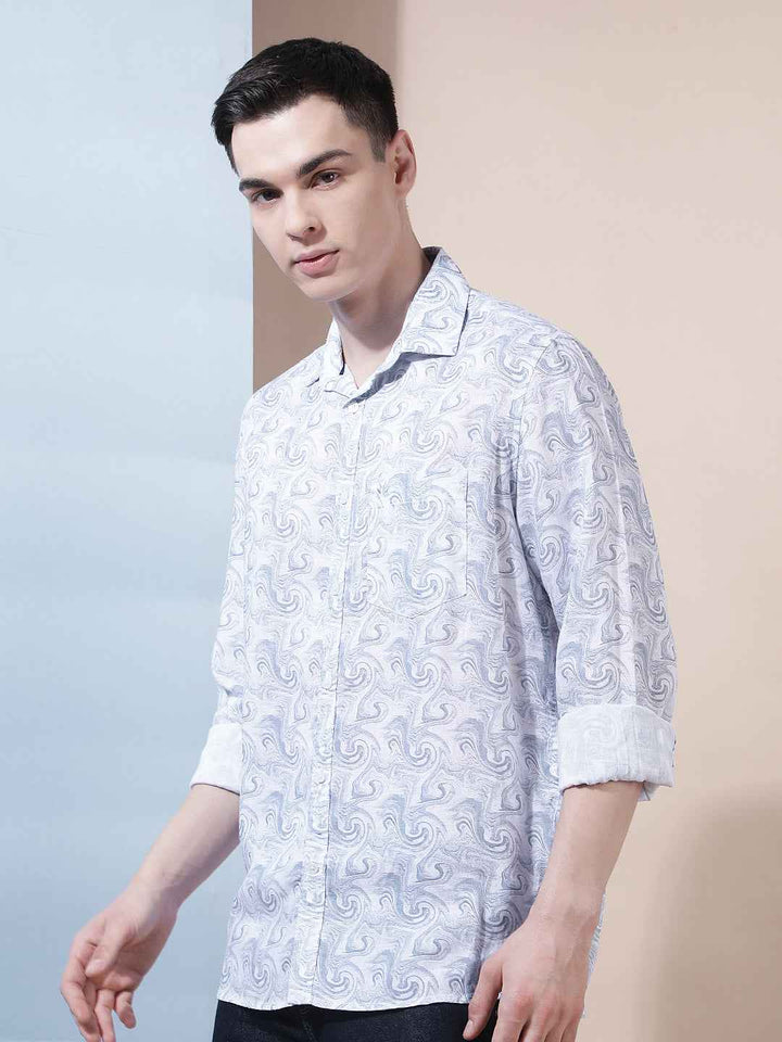Linen Blue Abstract Print Shirt