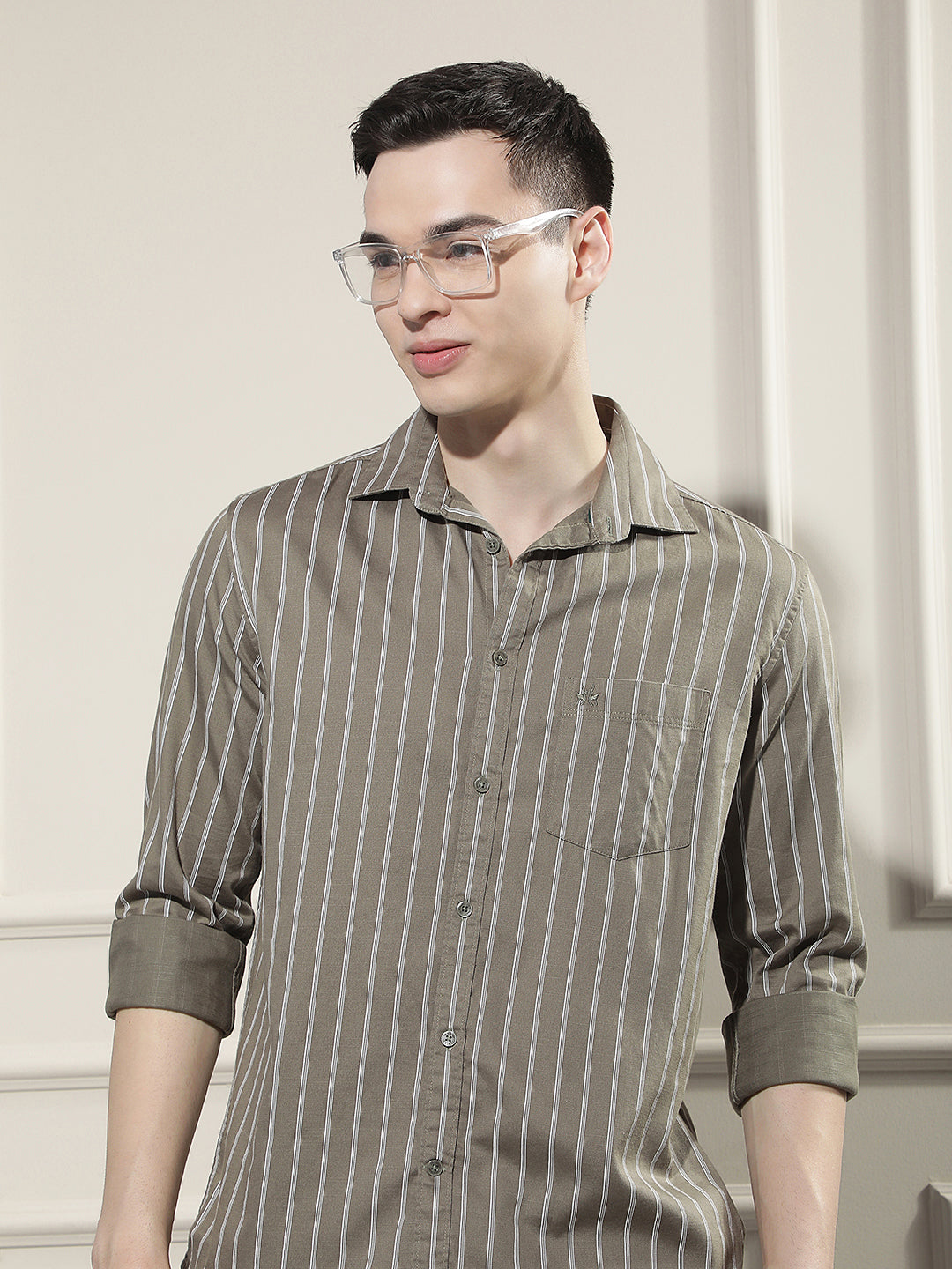 Olive Vertical Stripes Shirt