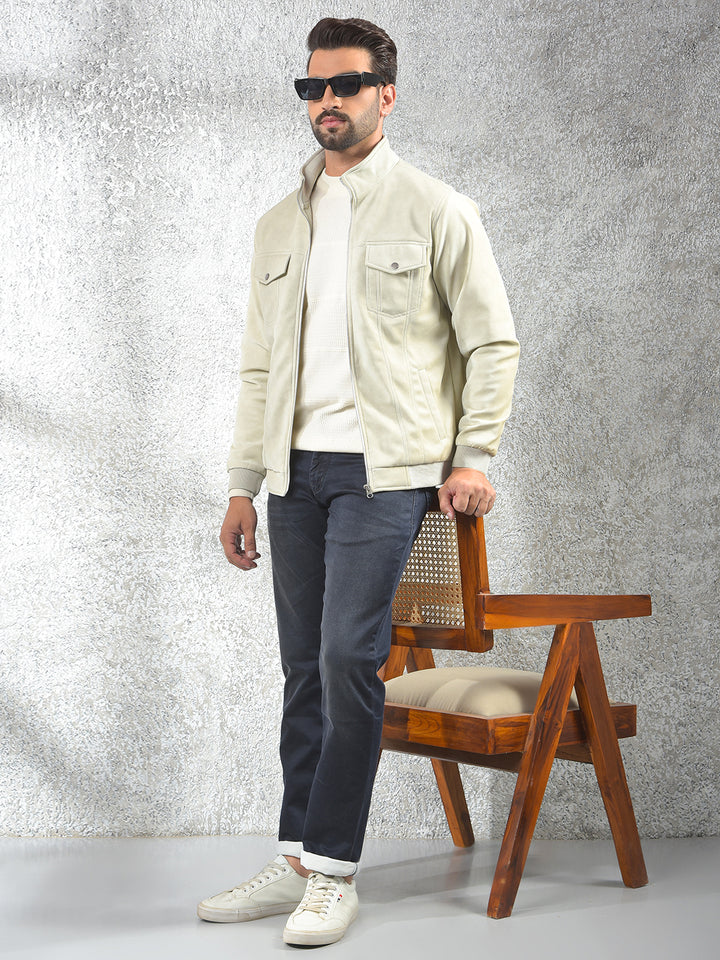 Cream Knit-Panel Casual Jacket