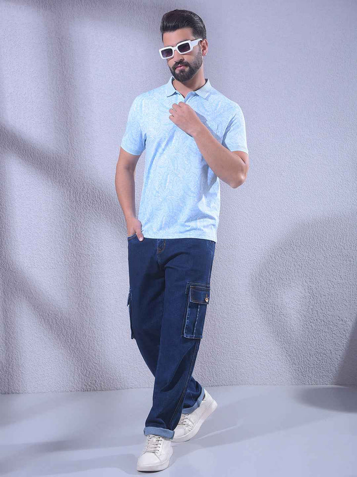 Blue Floral Print Polo Neck T-Shirt